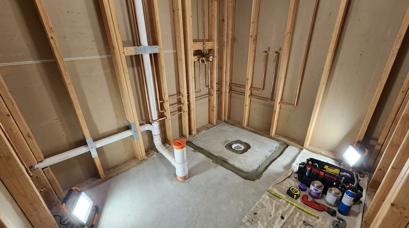 Bathroom rough-in plumbing during remodel by Johns Plumbing LLC in Cherokee Village