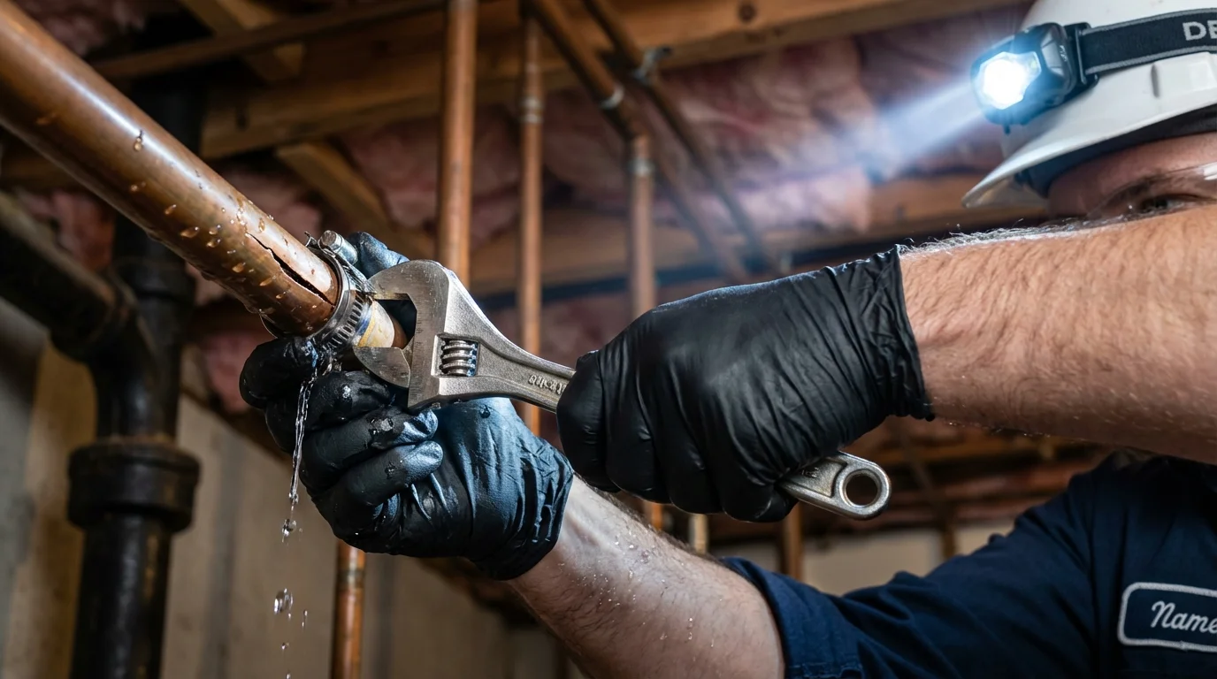 Emergency pipe clamp repair being performed by a Johns Plumbing LLC plumber in Cherokee Village