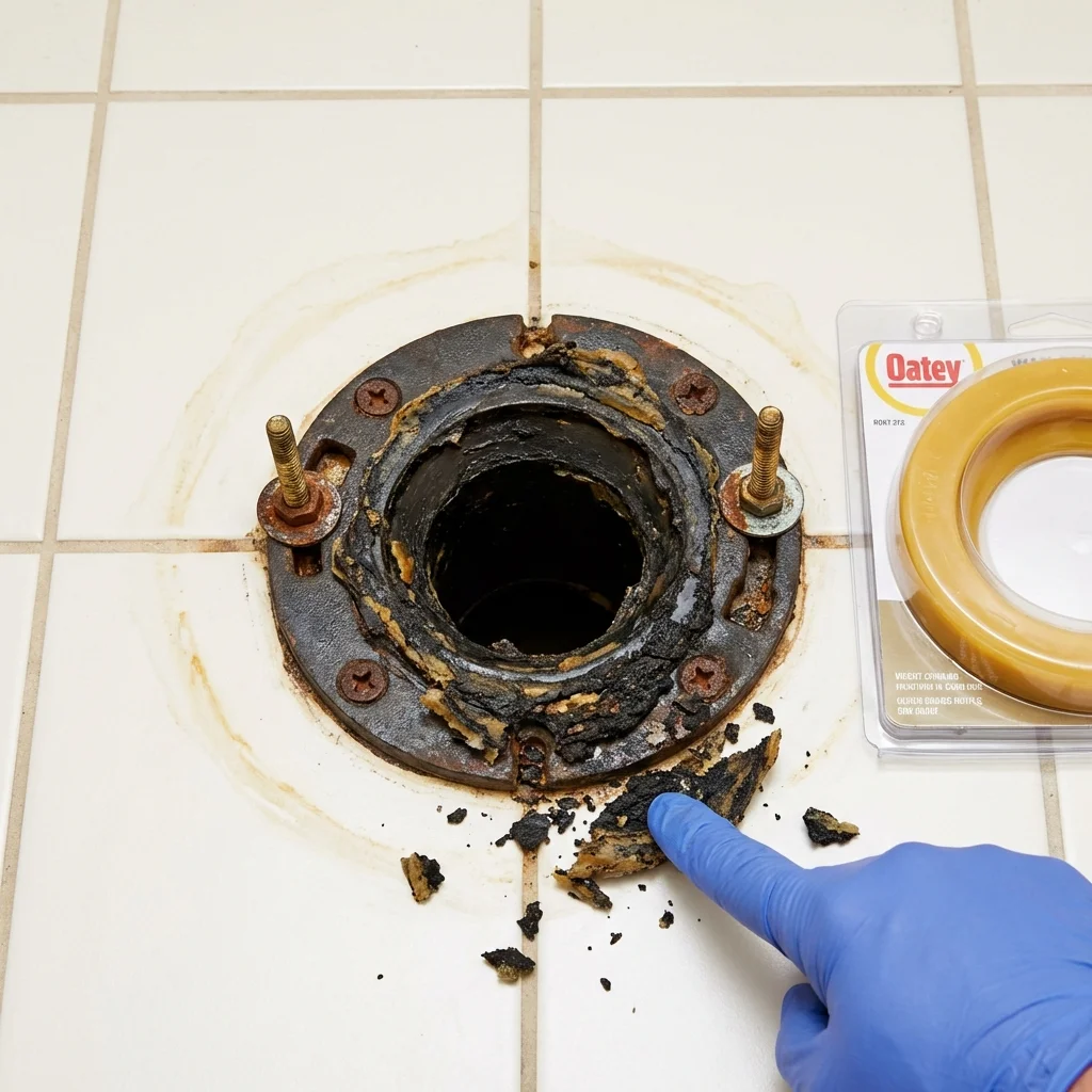 Failed wax ring showing water seepage at the base of a toilet in a Cherokee Village, AR home