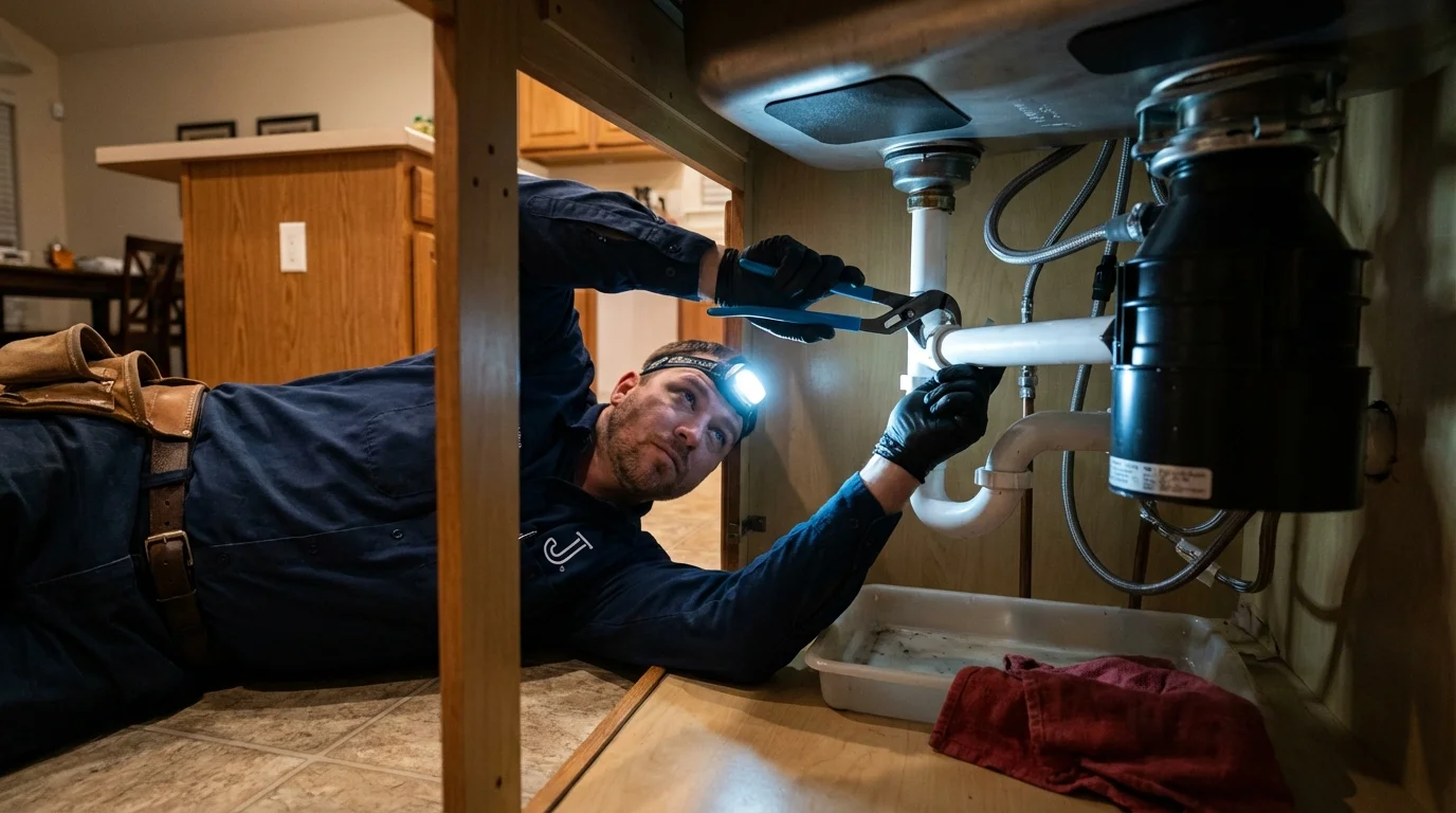P-trap and supply line connections under a kitchen sink showing a common leak point in Cherokee Village, AR